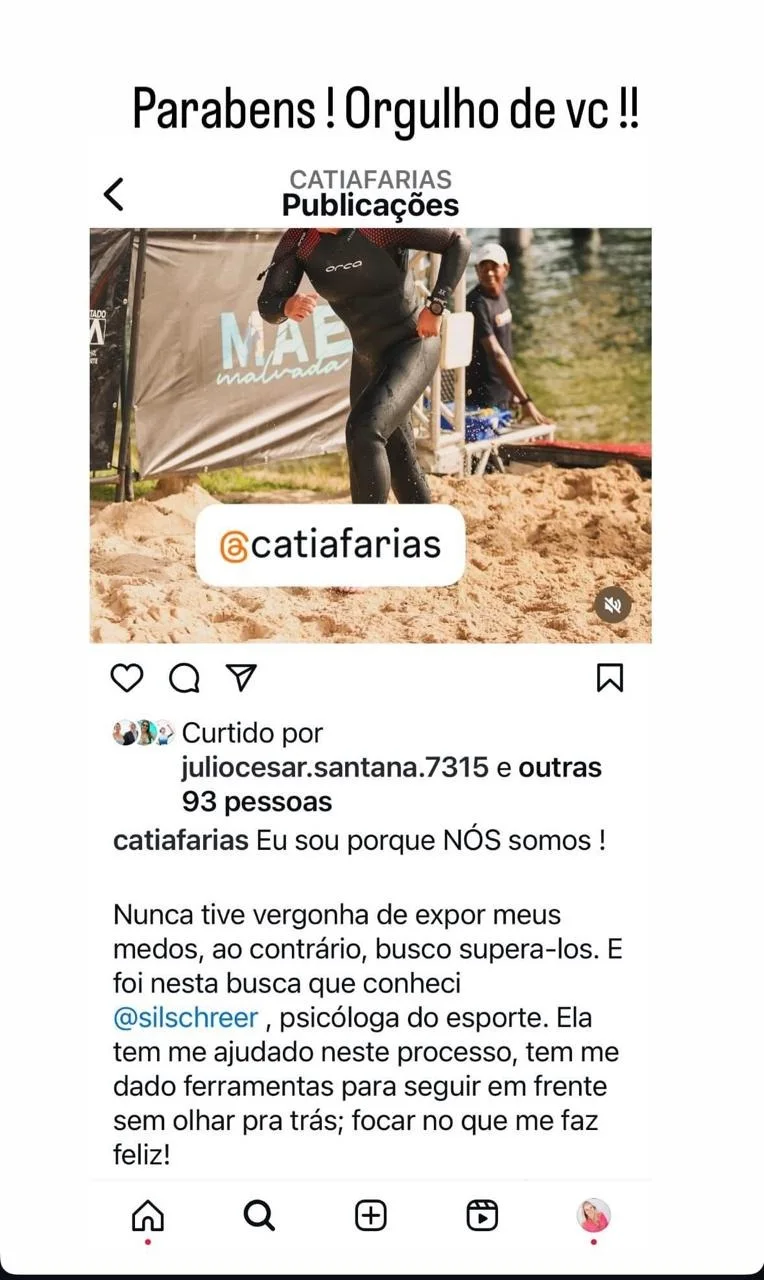 Print do depoimento — enfrentar medos — @catiafarias