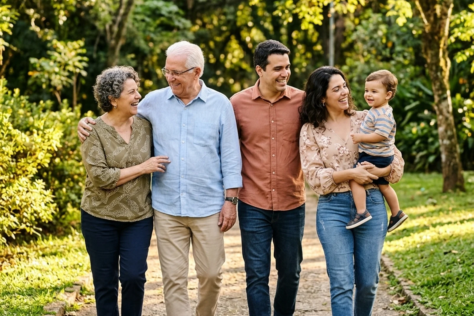 Família de três gerações caminhando num parque